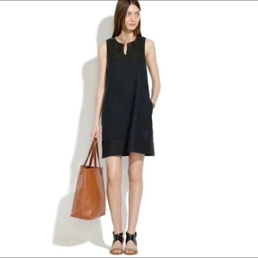 Madewell Stitch mosaic Black Embroidered Detail Shift Dress 0 Cotton A6175